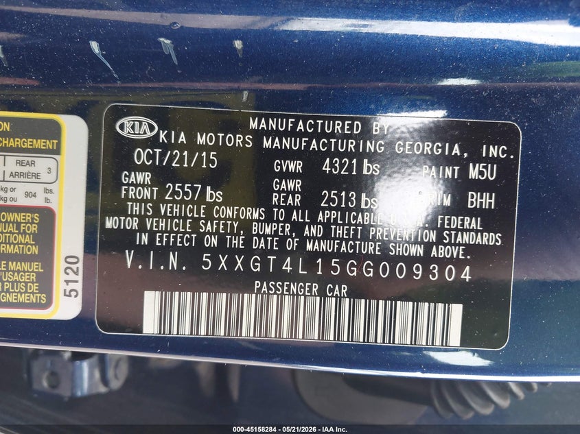 2016 Kia Optima VIN 5XXGT4L15GG009304 IAAI salvage auction — FRONT & REAR, Salvage (Rhode Island), sold $800 on 2026-07-07 (photo 9)