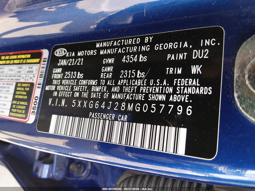 2021 Kia K5 VIN 5XXG64J28MG057796 IAAI salvage auction — REAR END, Salvage (North Carolina), sold $5,200 on 2026-07-22 (photo 9)