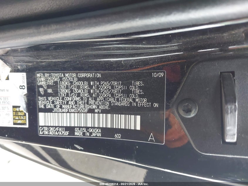 2010 Toyota Fj cruiser VIN JTEBU4BFXAK075506 IAAI salvage auction — HAIL, Original (Texas), sold $4,250 on 2026-07-28 (photo 9)