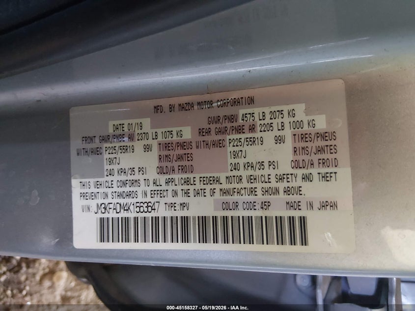 2019 Mazda Cx-5 VIN JM3KFADM4K1563647 IAAI salvage auction — LEFT FRONT, Salvage (Arizona), sold $3,500 on 2026-07-21 (photo 9)