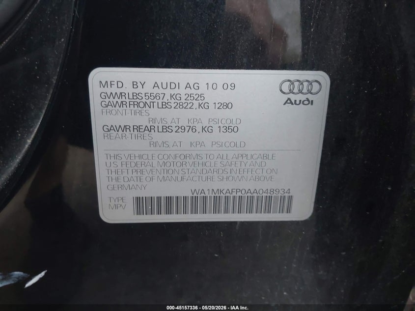 2010 Audi Q5 VIN WA1MKAFP0AA048934 IAAI salvage auction — NORMAL WEAR, Original (Texas), sold $1,300 on 2026-07-07 (photo 9)