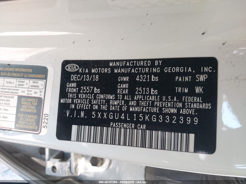 2019 Kia Optima VIN 5XXGU4L15KG332399 IAAI salvage auction — REAR END, Salvage (Georgia), sold $875 on 2026-07-24 (photo 9)