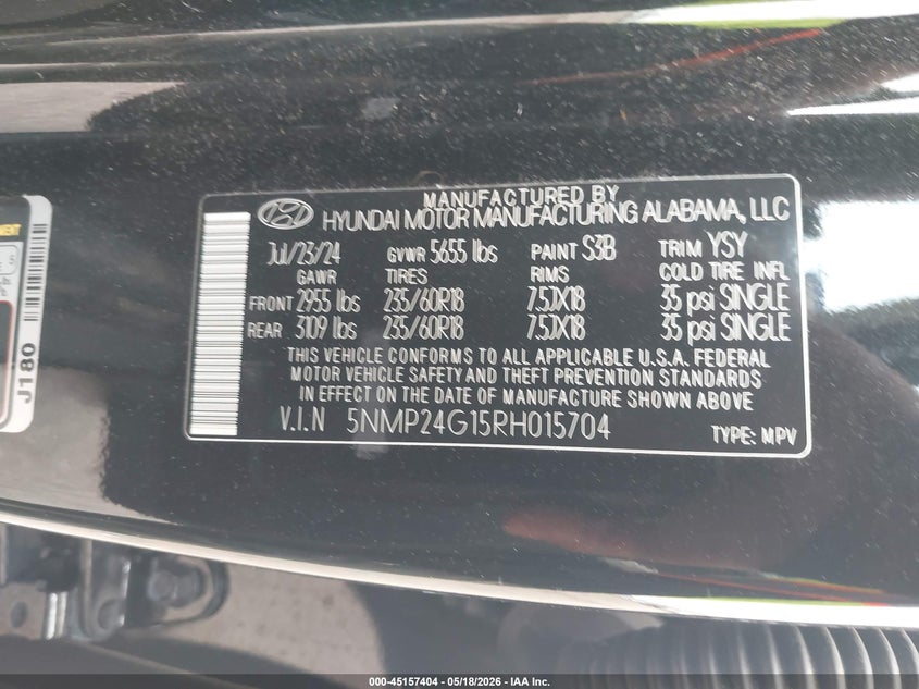 2024 Hyundai Santa fe VIN 5NMP24G15RH015704 IAAI salvage auction — RIGHT REAR, Original (Texas), sold $11,000 on 2026-07-29 (photo 9)