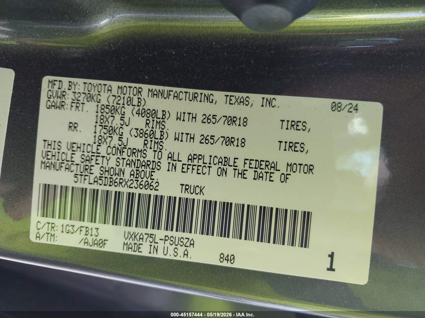 2024 Toyota Tundra VIN 5TFLA5DB6RX236062 IAAI salvage auction — LEFT & RIGHT, Rebuildable (Florida), sold $15,850 on 2026-07-16 (photo 9)