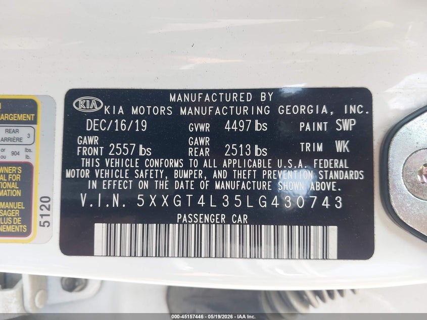 2020 Kia Optima VIN 5XXGT4L35LG430743 IAAI salvage auction — FRONT END, Salvage (Georgia), sold $675 on 2026-07-15 (photo 9)