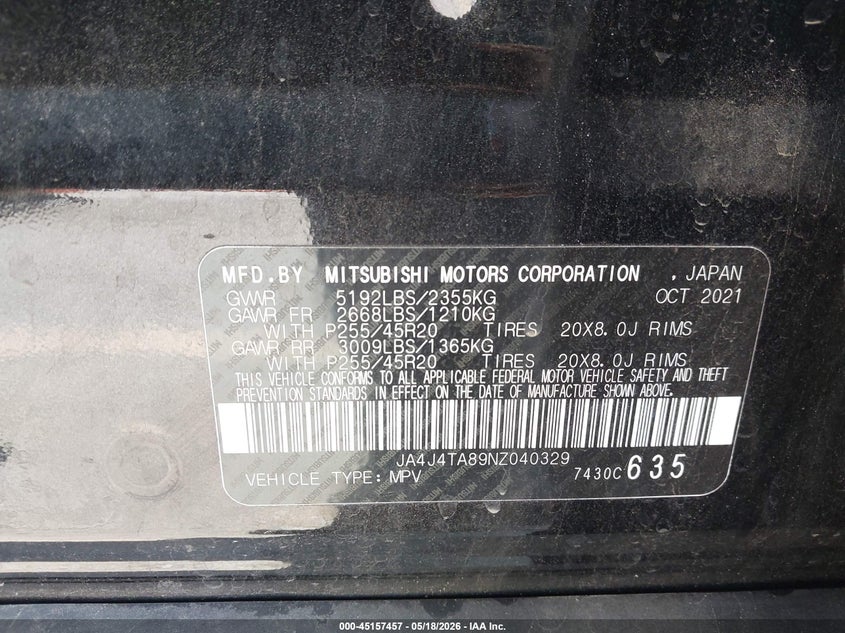 2022 Mitsubishi Outlander VIN JA4J4TA89NZ040329 IAAI salvage auction — RIGHT FRONT, Salvage (California), sold $6,225 on 2026-09-14 (photo 9)