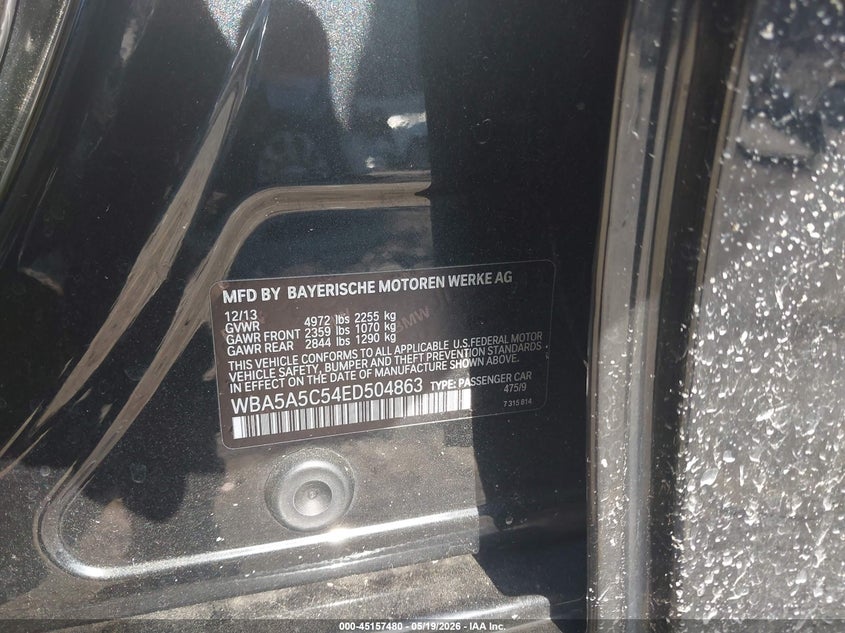 2014 BMW 5er VIN WBA5A5C54ED504863 IAAI salvage auction — REAR END, Salvage (Georgia), sold $1,800 on 2026-07-15 (photo 9)