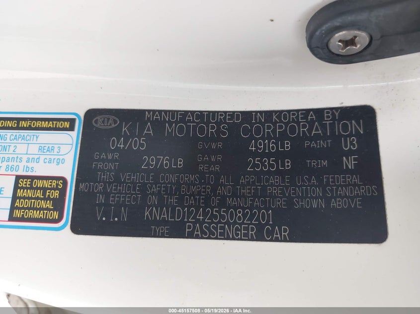 2005 Kia Amanti VIN KNALD124255082201 IAAI salvage auction — FRONT END, Clear (Oklahoma), sold $100 on 2026-07-22 (photo 9)
