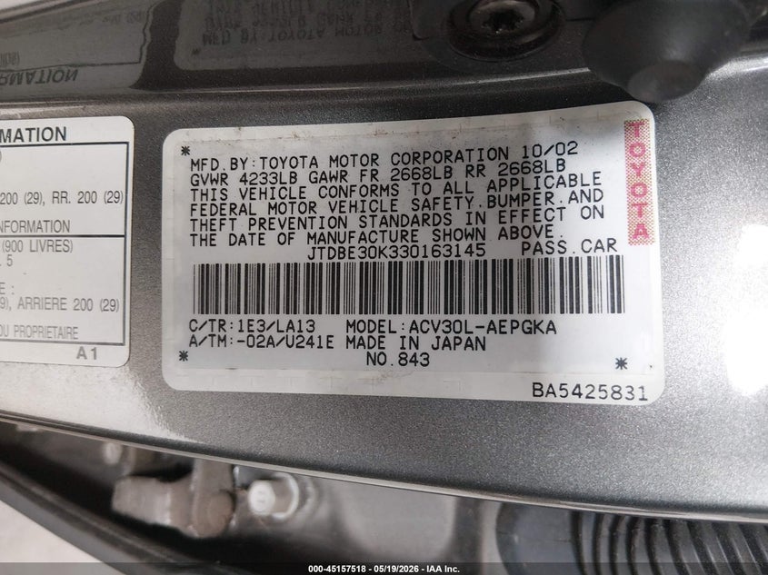 2003 Toyota Camry VIN JTDBE30K330163145 IAAI salvage auction — LEFT FRONT, Bill Of Sale (Washington), sold $550 on 2026-07-22 (photo 9)