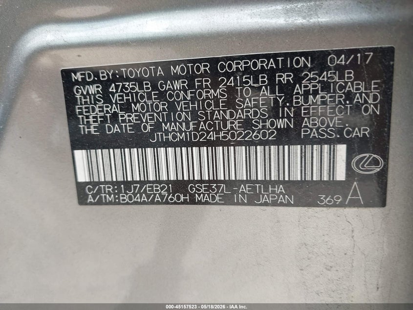 2017 Lexus Is VIN JTHCM1D24H5022602 IAAI salvage auction — FRONT & REAR, Salvage (Massachusetts), sold $650 on 2026-07-24 (photo 9)