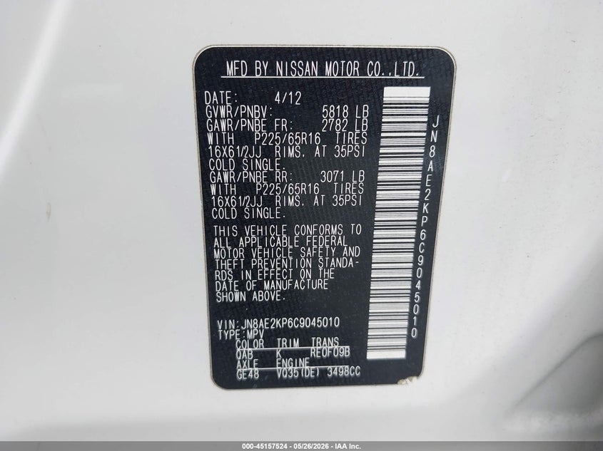 2012 Nissan Quest VIN JN8AE2KP6C9045010 IAAI salvage auction — FRONT & REAR, Salvage (California), sold $1,350 on 2026-07-07 (photo 9)