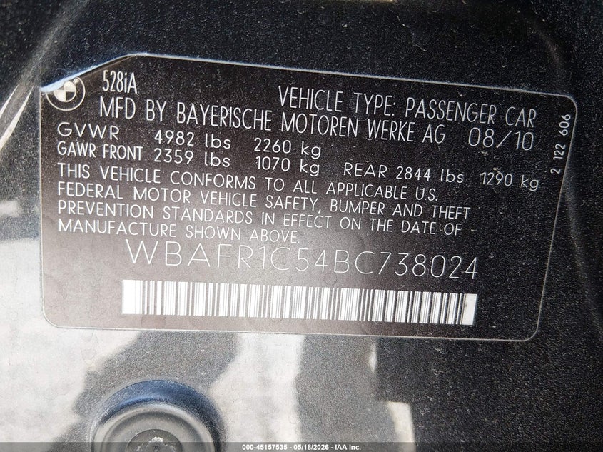 2011 BMW 5 series VIN WBAFR1C54BC738024 IAAI salvage auction — NORMAL WEAR, Salvage (Texas), sold $1,100 on 2026-07-17 (photo 9)