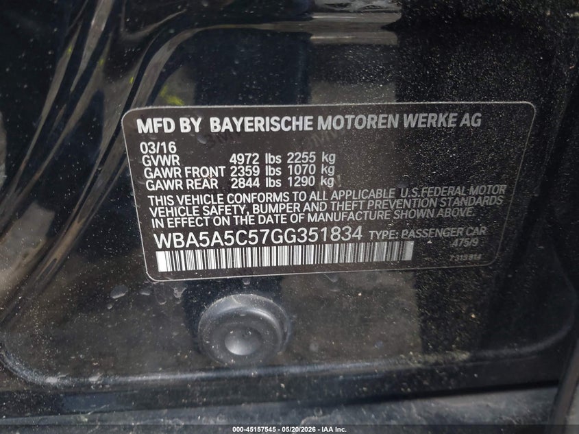 2016 BMW 5er VIN WBA5A5C57GG351834 IAAI salvage auction — FRONT END, Salvage (Georgia), sold $2,000 on 2026-07-24 (photo 9)