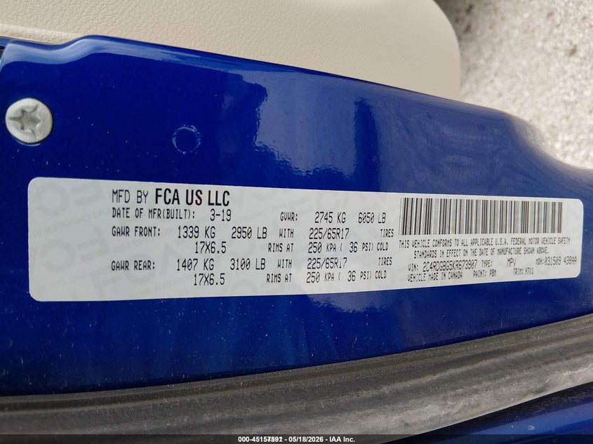 2019 Dodge Caravan VIN 2C4RDGBG5KR673907 IAAI salvage auction — FRONT END, Sf97 (Iowa), sold $6,600 on 2026-07-09 (photo 9)