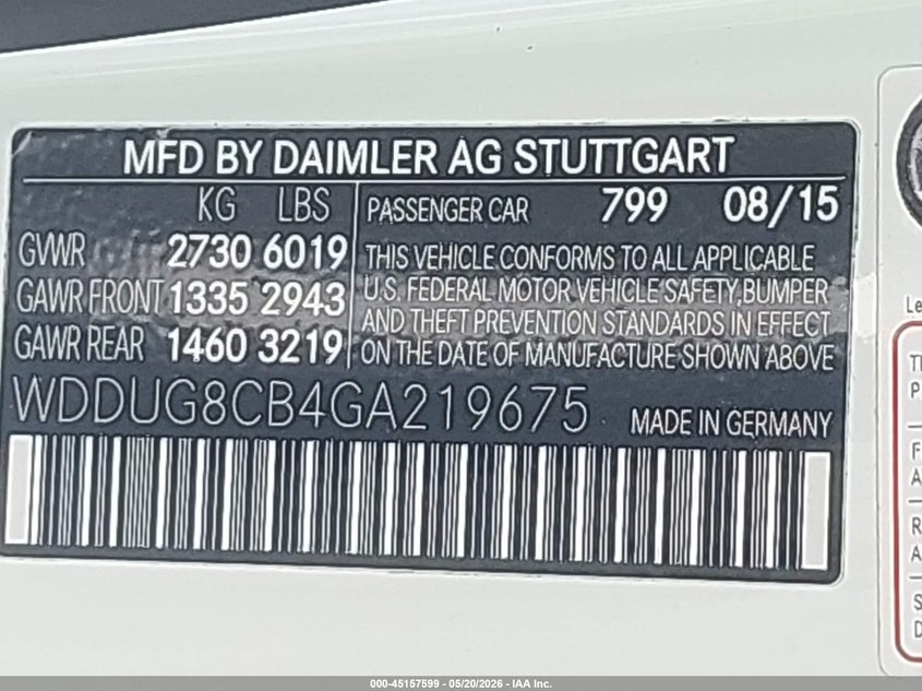 2016 Mercedes-benz S-klasse VIN WDDUG8CB4GA219675 IAAI salvage auction — RIGHT SIDE, Original (Texas), sold $8,650 on 2026-07-22 (photo 9)
