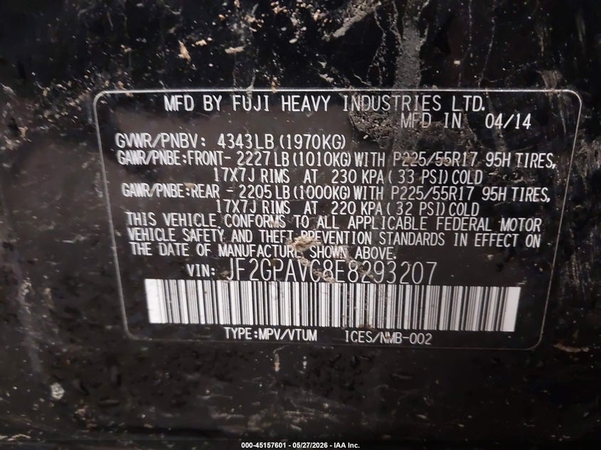 2014 Subaru Xv VIN JF2GPAVC8E8293207 IAAI salvage auction — UNDERCARRIAGE, Salvage (Maine), sold $1,050 on 2026-07-20 (photo 9)
