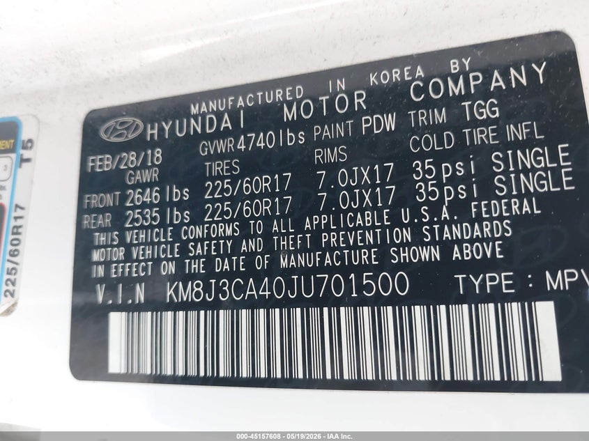 2018 Hyundai Tucson VIN KM8J3CA40JU701500 IAAI salvage auction — FRONT END, Salvage (Pennsylvania), sold $1,600 on 2026-07-31 (photo 9)