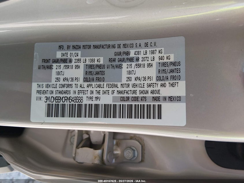 2024 Mazda Cx-30 VIN 3MVDMBBM0RM648688 IAAI salvage auction — HAIL, Salvage Title, sold $9,300 on 2026-07-27 (photo 9)
