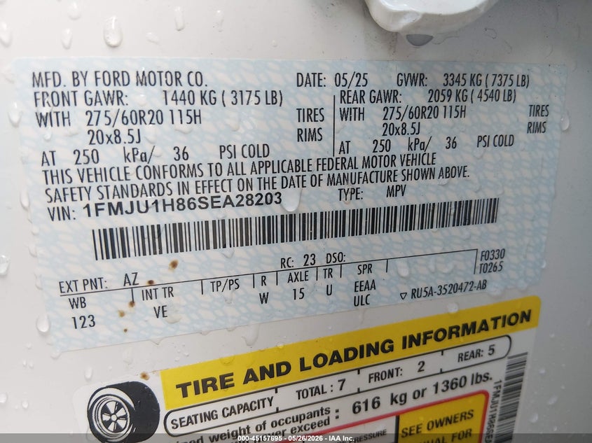 2025 Ford Expedition VIN 1FMJU1H86SEA28203 IAAI salvage auction — HAIL, Salvage Title, sold $7,100 on 2026-07-29 (photo 9)