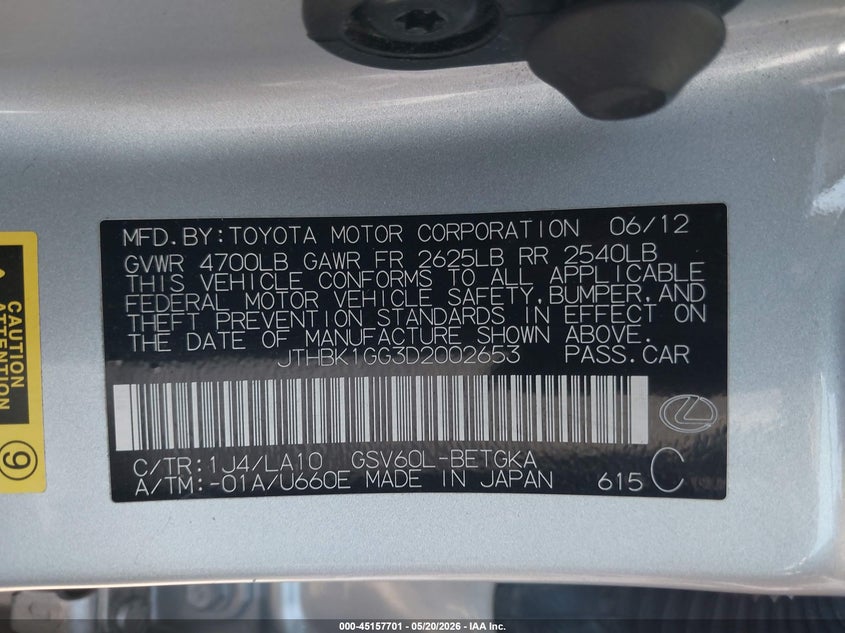 2013 Lexus ES VIN JTHBK1GG3D2002653 IAAI salvage auction — REAR END, Salvage (California), sold $4,150 on 2026-07-22 (photo 9)