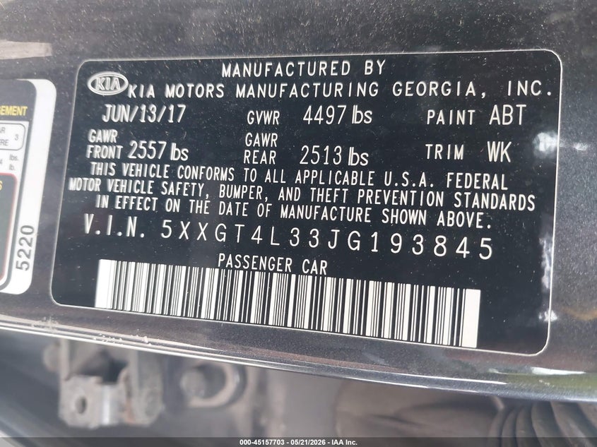 2018 Kia Optima VIN 5XXGT4L33JG193845 IAAI salvage auction — FRONT END, Clear (Indiana), sold $2,100 on 2026-07-22 (photo 9)