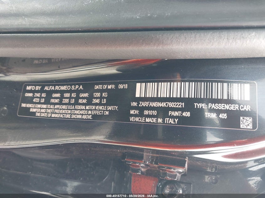 2019 Alfa romeo Giulia VIN ZARFANBN4K7602221 IAAI salvage auction — FRONT END, Salvage Title, sold $825 on 2026-08-17 (photo 9)