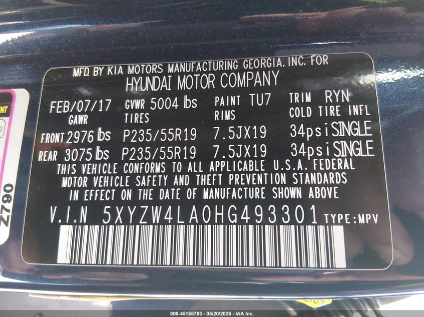 2017 Hyundai Santa fe VIN 5XYZW4LA0HG493301 IAAI salvage auction — ROOF, Original (Texas), sold $6,100 on 2026-07-07 (photo 9)