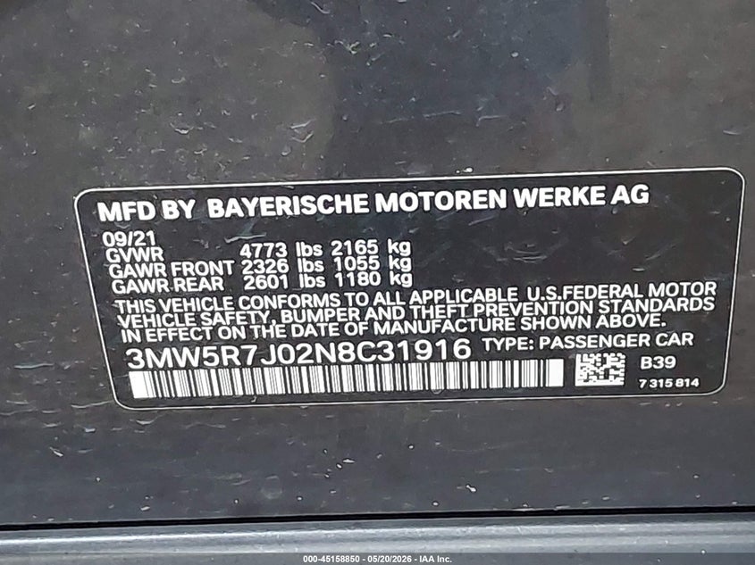 2022 BMW 3er VIN 3MW5R7J02N8C31916 IAAI salvage auction — HAIL, Original (Texas), sold $12,200 on 2026-08-25 (photo 9)