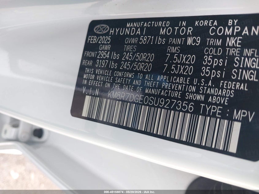 2025 Hyundai Palisade VIN KM8R7DGE0SU927356 IAAI salvage auction — FRONT & REAR, Clear (Michigan), sold $17,500 on 2026-07-23 (photo 9)