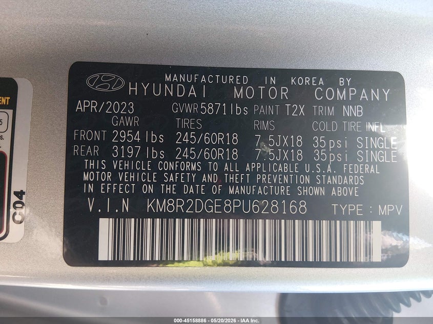 2023 Hyundai Palisade VIN KM8R2DGE8PU628168 IAAI salvage auction — FRONT END, Salvage (West Virginia), sold $4,650 on 2026-07-30 (photo 9)