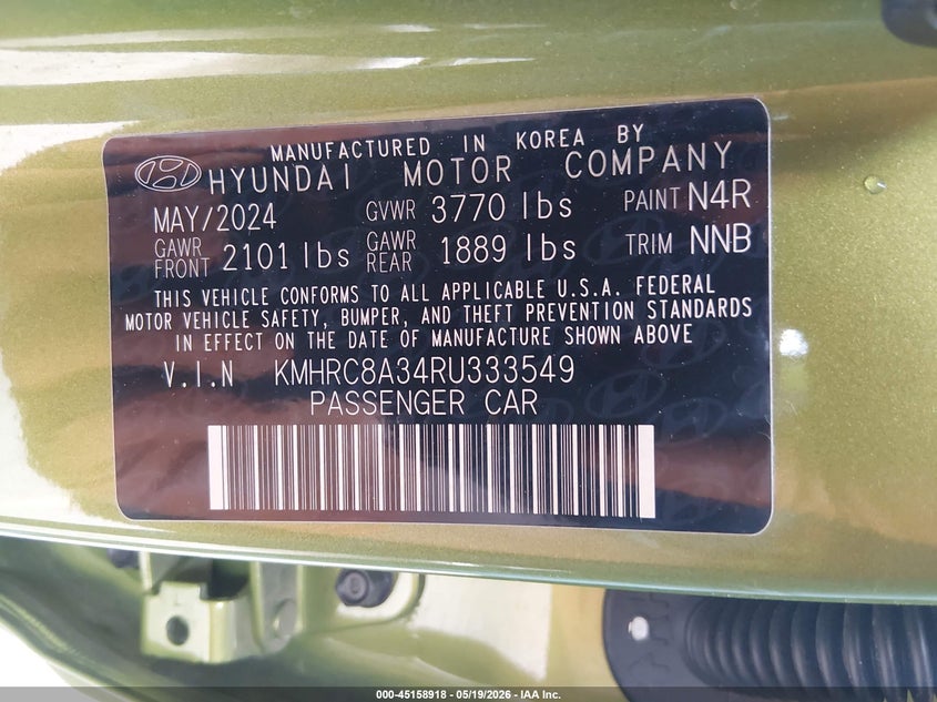 2024 Hyundai Venue VIN KMHRC8A34RU333549 IAAI salvage auction — TRANSMISSION, Salvage (Colorado), sold $25 on 2026-07-28 (photo 9)