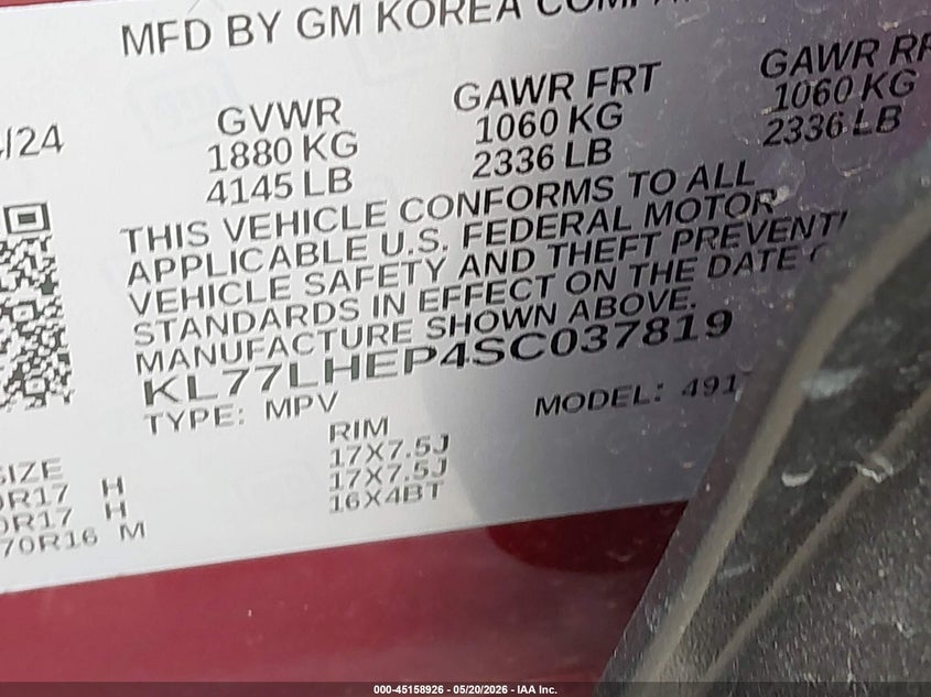 2025 Chevrolet Trax VIN KL77LHEP4SC037819 IAAI salvage auction — HAIL, Original (Texas), sold $11,750 on 2026-07-28 (photo 9)