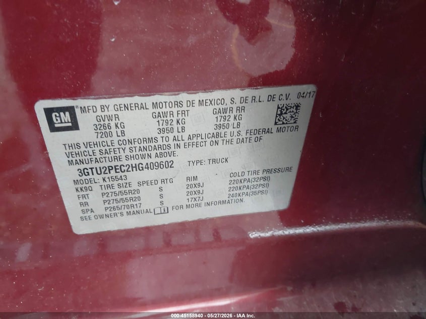 2017 Gmc SIERRA VIN 3GTU2PEC2HG409602 IAAI salvage auction — LEFT SIDE, Salvage Title, sold $8,500 on 2026-07-29 (photo 9)