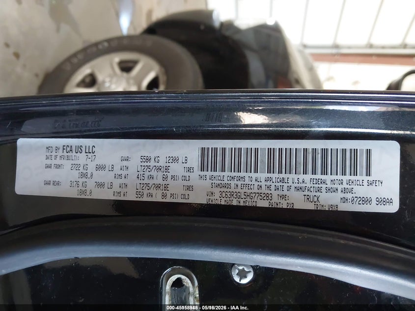 2017 Ram 3500 VIN 3C63R3GL5HG775283 IAAI salvage auction — FRONT & REAR, SF97 (Kansas), sold $21,100 on 2026-07-09 (photo 9)