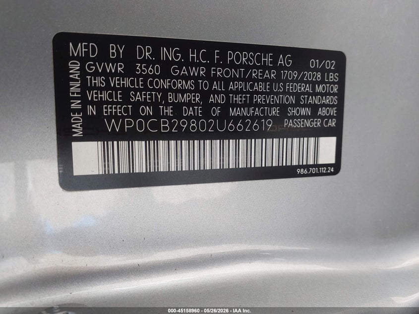 2002 Porsche Boxster VIN WP0CB29802U662619 IAAI salvage auction — SIDE, Salvage (New Jersey), sold $3,025 on 2026-07-09 (photo 9)