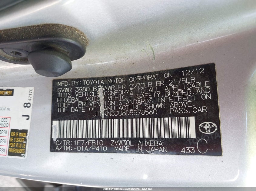 2013 Toyota Prius VIN JTDKN3DU8D5578560 IAAI salvage auction — NORMAL WEAR, Clear-Dealer Only (Arizona), sold $450 on 2026-07-14 (photo 9)