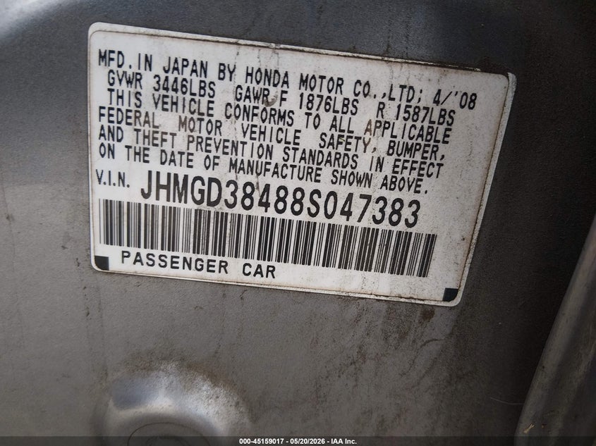 2008 Honda Fit VIN JHMGD38488S047383 IAAI salvage auction — ROLLOVER, Salvage (Oregon), sold $200 on 2026-07-06 (photo 9)