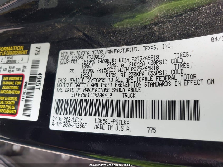 2013 Toyota Tundra VIN 5TFHY5F11DX306419 IAAI salvage auction — FRONT END, Clear (Oklahoma), sold $6,450 on 2026-07-29 (photo 9)