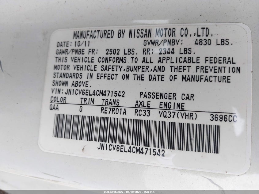 2012 Infiniti G VIN JN1CV6EL4CM471542 IAAI salvage auction — RIGHT FRONT, Salvage (Illinois), sold $1,400 on 2026-07-08 (photo 9)