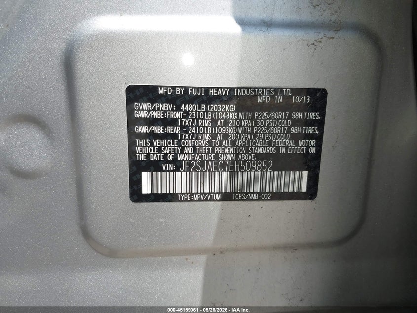 2014 Subaru Forester VIN JF2SJAEC7EH509852 IAAI salvage auction — RIGHT FRONT, Salvage Title, sold $1,325 on 2026-07-09 (photo 9)