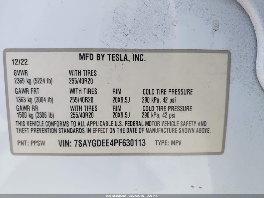2023 Tesla Model y VIN 7SAYGDEE4PF630113 IAAI salvage auction — FRONT END, Salvage Title, sold $7,650 on 2026-09-03 (photo 9)