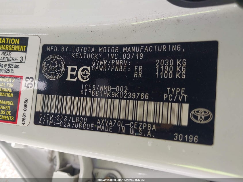 2019 Toyota Camry VIN 4T1B61HK9KU239766 IAAI salvage auction — FRONT END, Salvage (Illinois), sold $4,900 on 2026-07-25 (photo 9)