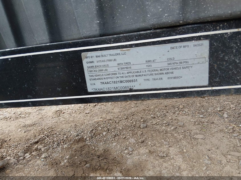 2021 Max built trailers Other VIN 7K4AC1821MC006931 IAAI salvage auction — FRONT & REAR, Salvage (Texas), sold $750 on 2026-07-14 (photo 7)
