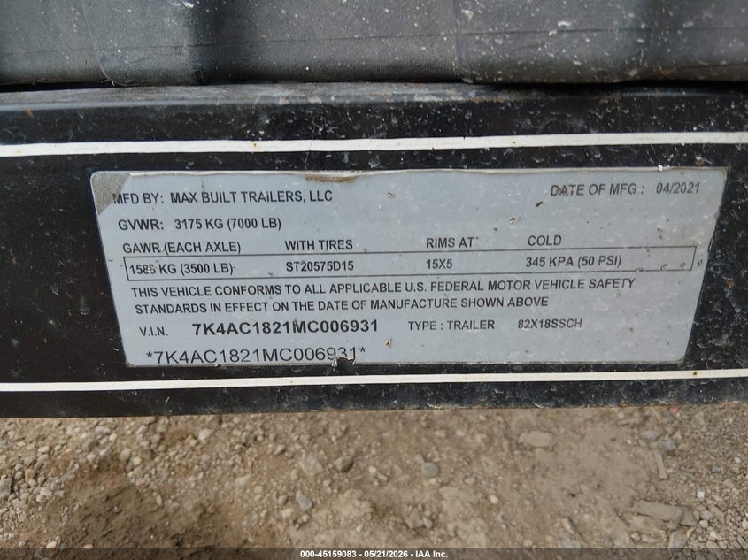2021 Max built trailers Other VIN 7K4AC1821MC006931 IAAI salvage auction — FRONT & REAR, Salvage (Texas), sold $750 on 2026-07-14 (photo 9)