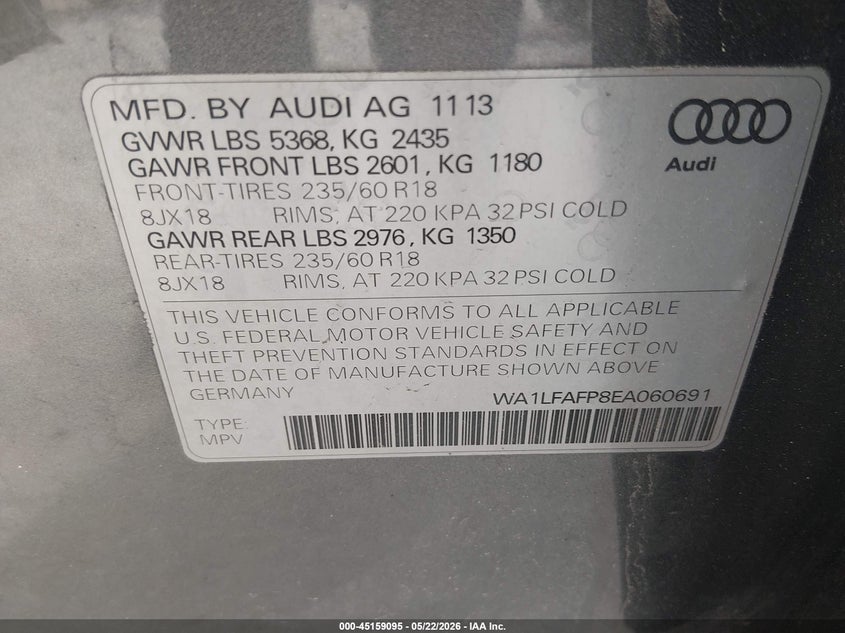 2014 Audi Q5 VIN WA1LFAFP8EA060691 IAAI salvage auction — FRONT END, Salvage (New Hampshire), sold $375 on 2026-07-29 (photo 9)