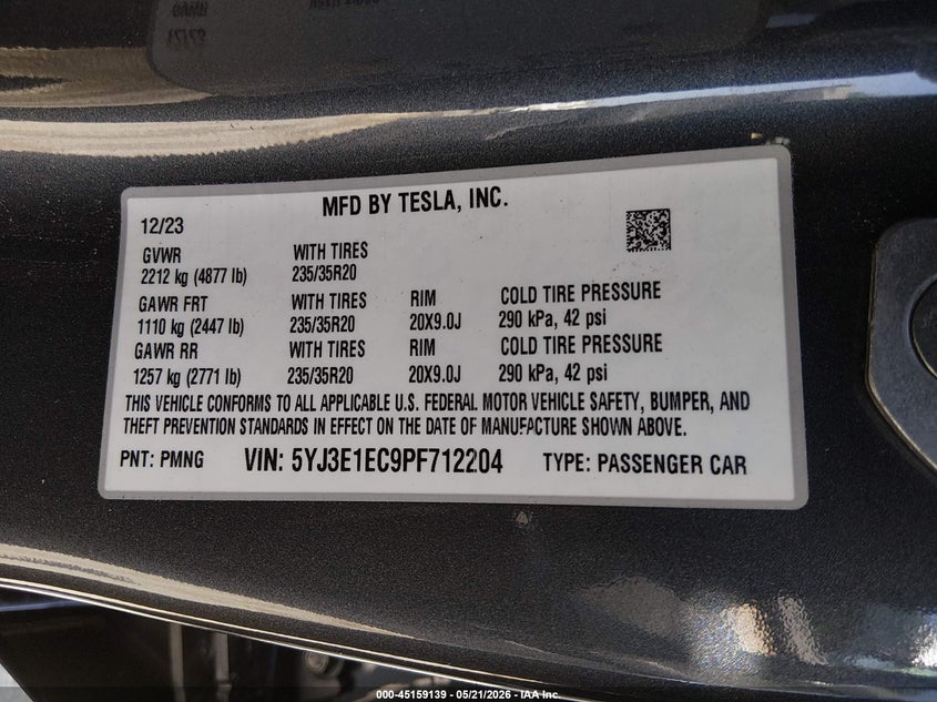2023 Tesla Model 3 VIN 5YJ3E1EC9PF712204 IAAI salvage auction — LEFT SIDE, Salvage (California), sold $11,300 on 2026-07-16 (photo 9)