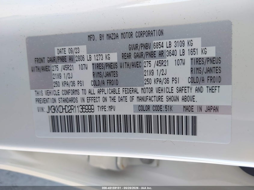 2024 Mazda Cx-90 VIN JM3KKDHD2R1136999 IAAI salvage auction — HAIL, Salvage (Ohio), sold $17,500 on 2026-07-21 (photo 9)