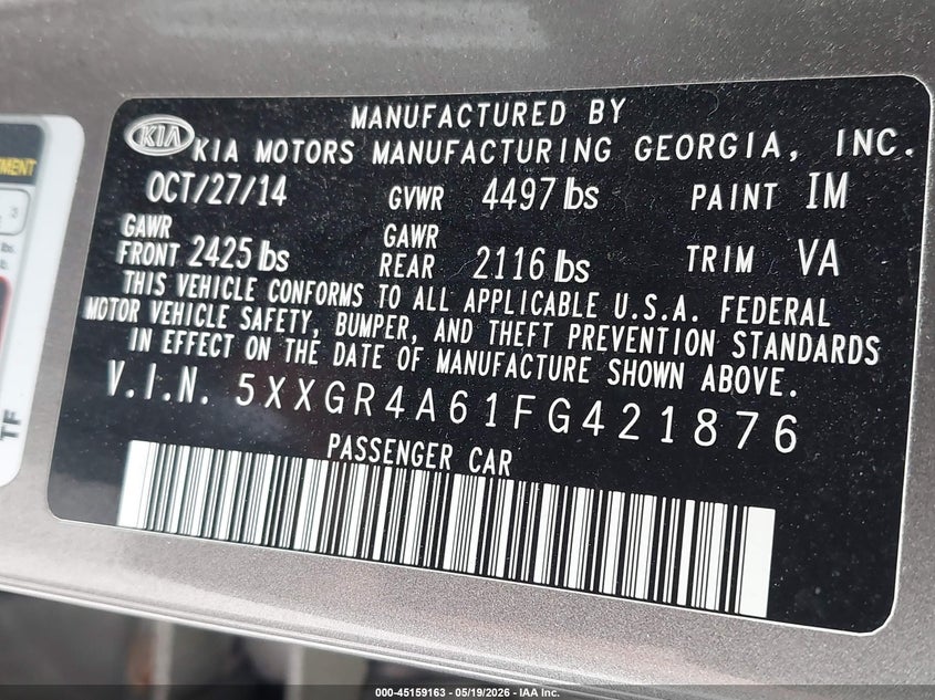 2015 Kia Optima VIN 5XXGR4A61FG421876 IAAI salvage auction — RIGHT SIDE, Salvage (Ohio), sold $1,275 on 2026-07-29 (photo 9)