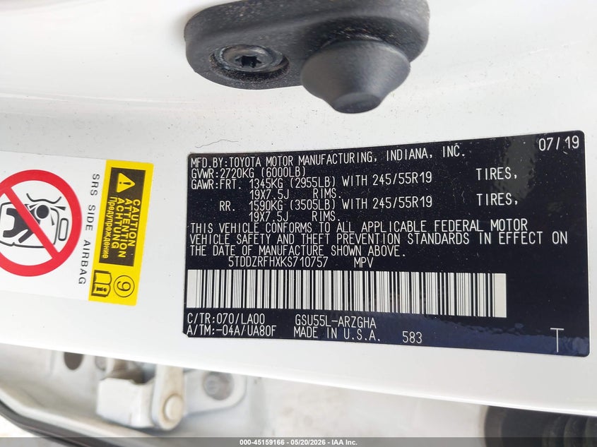 2019 Toyota Highlander VIN 5TDDZRFHXKS710757 IAAI salvage auction — FRONT END, Salvage (Texas), sold $9,150 on 2026-07-08 (photo 9)
