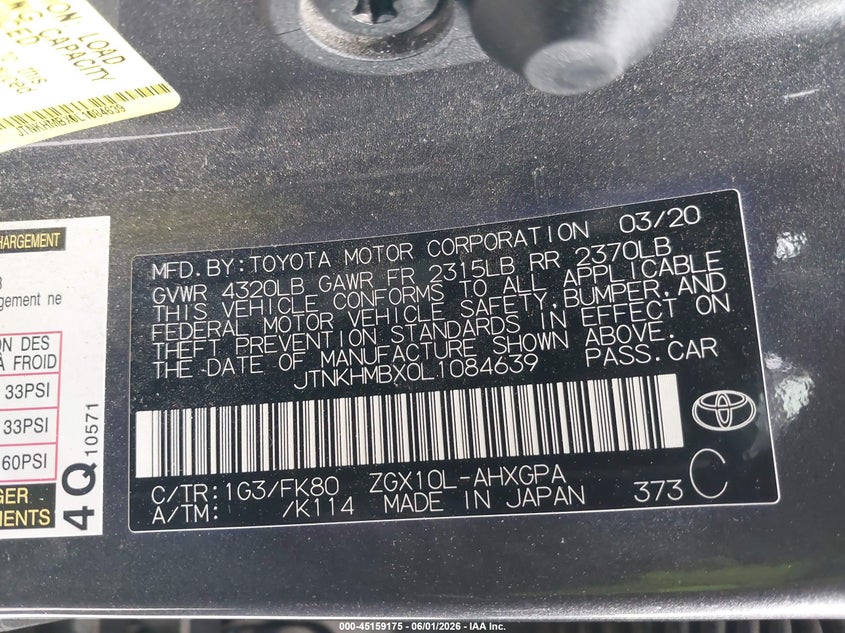 2020 Toyota C-hr VIN JTNKHMBX0L1084639 IAAI salvage auction — FRONT END, Salvage Title, sold $3,750 on 2026-07-15 (photo 9)